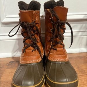 L.L. Bean Tan Leather and Olive Green Duck Boots